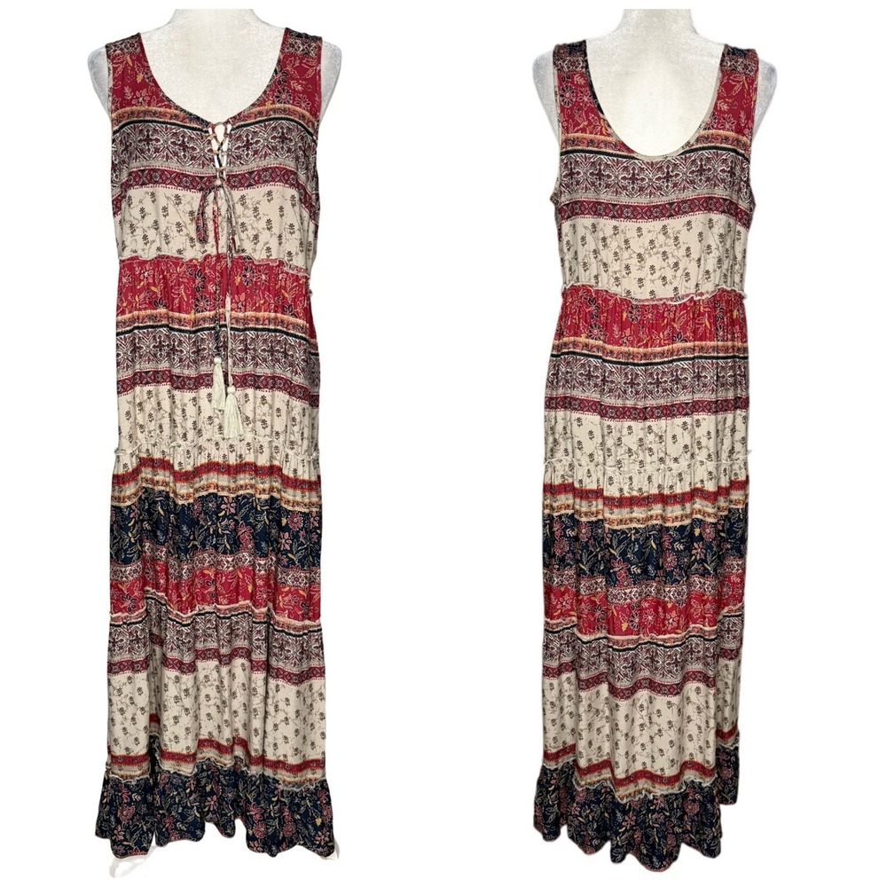 Beach Lunch Lounge Maxi Dress M Tiered Rust Tan Batik Sleeveless Hippie Boho